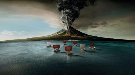 "An illustration of the Roman Navy heading to the base of Mount Vesuvius."